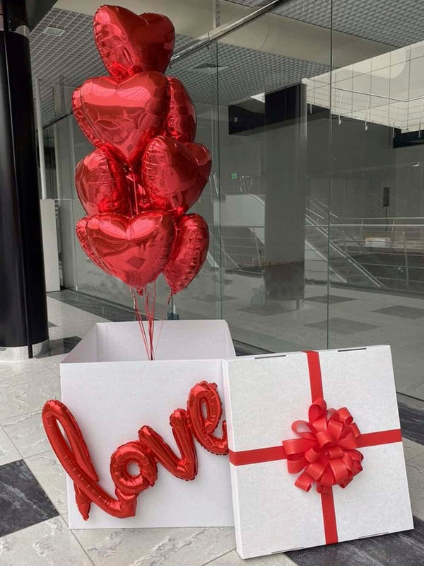 Ten Red Hearts Helium Foil Balloons in Giant Gift Box 70x70x70cm