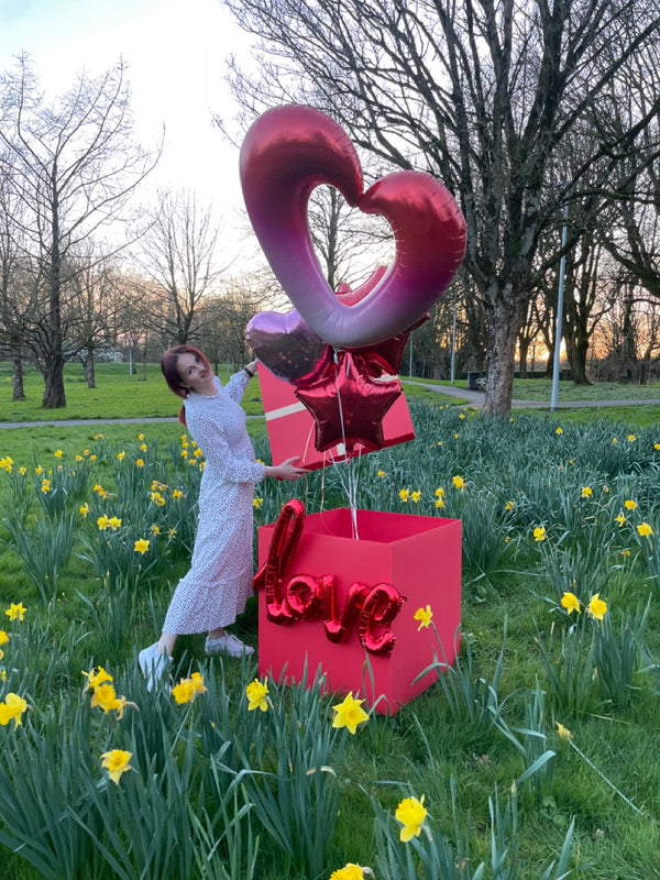 Red Stars and Hearts Helium Foil Balloons in Giant Gift Box 70x70x70cm