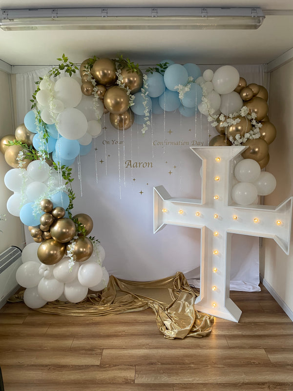 Balloons Hoop Backdrop with light up Cross  for Communion / Confirmation / Christening