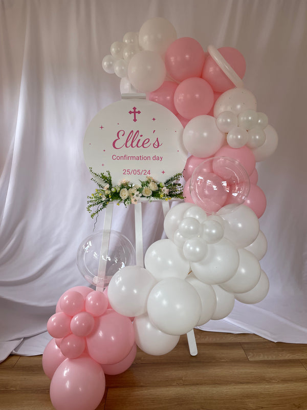 Easel Display with White and Pink Balloons  for Communion / Confirmation