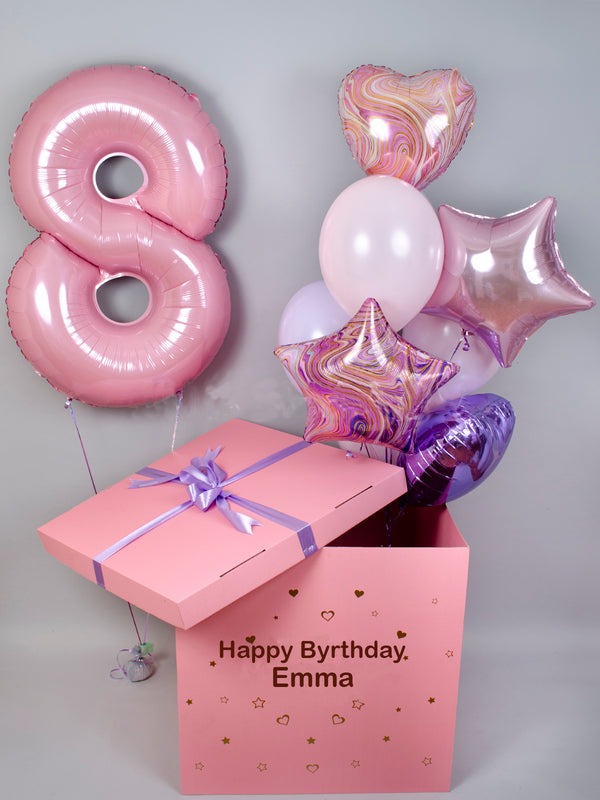 Foil Numbers and Foil Hearts and Latex  Helium Balloons in Pink Giant Gift Box 70x70x70cm